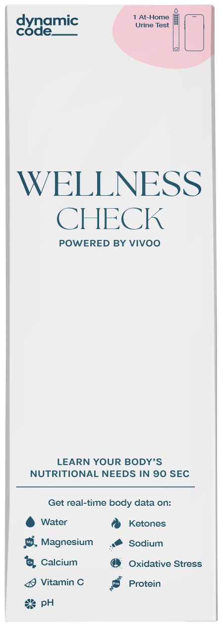 A product packaging for 'Wellness Check Powered by Vivoo,' an at-home urine test. The box highlights its features, including the ability to analyze hydration, magnesium, calcium, vitamin C, pH, ketones, sodium, oxidative stress, and protein levels, providing real-time body data in 90 seconds