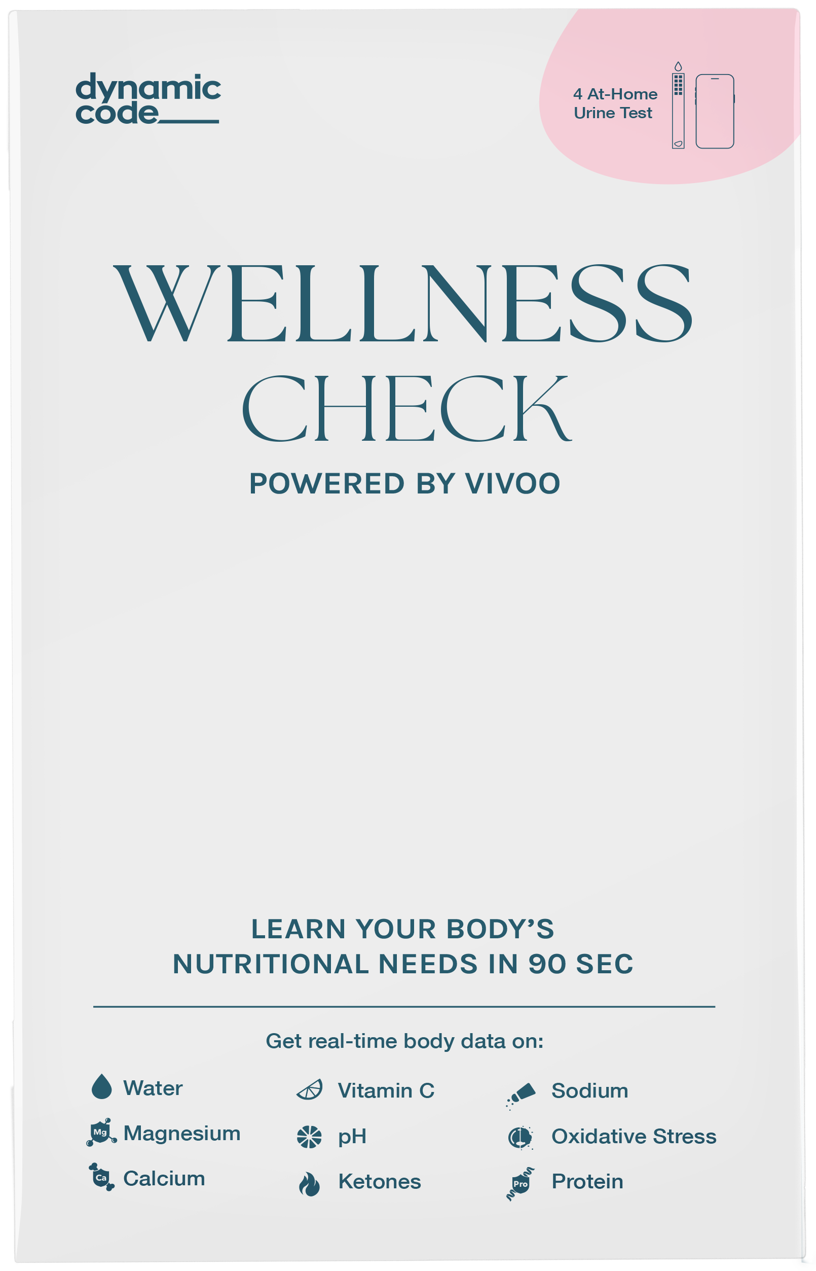 Packaging for 'Wellness Check Powered by Vivoo,' a 4 at-home urine test kit. The box highlights its capability to measure hydration, magnesium, calcium, vitamin C, pH, ketones, sodium, oxidative stress, and protein levels, providing insights into the body's nutritional needs in just 90 seconds